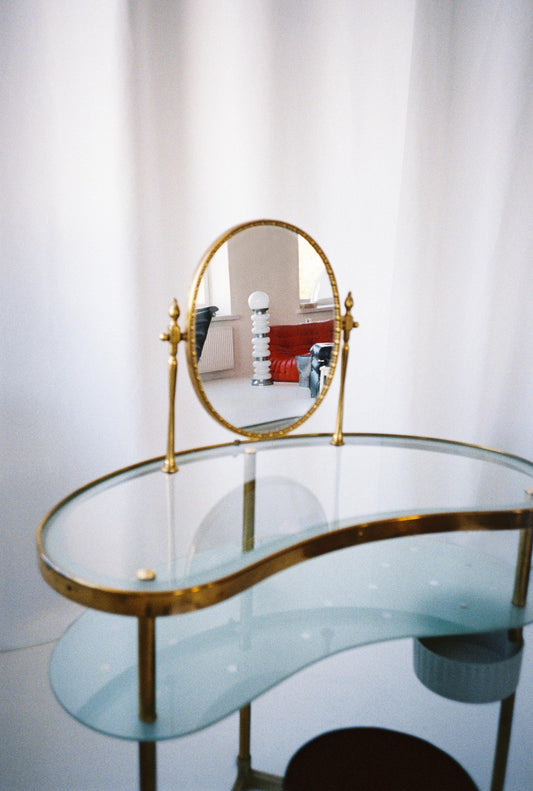 Vintage Brass & Glass Vanity Table with Oval Mirror, Italy, 1960s