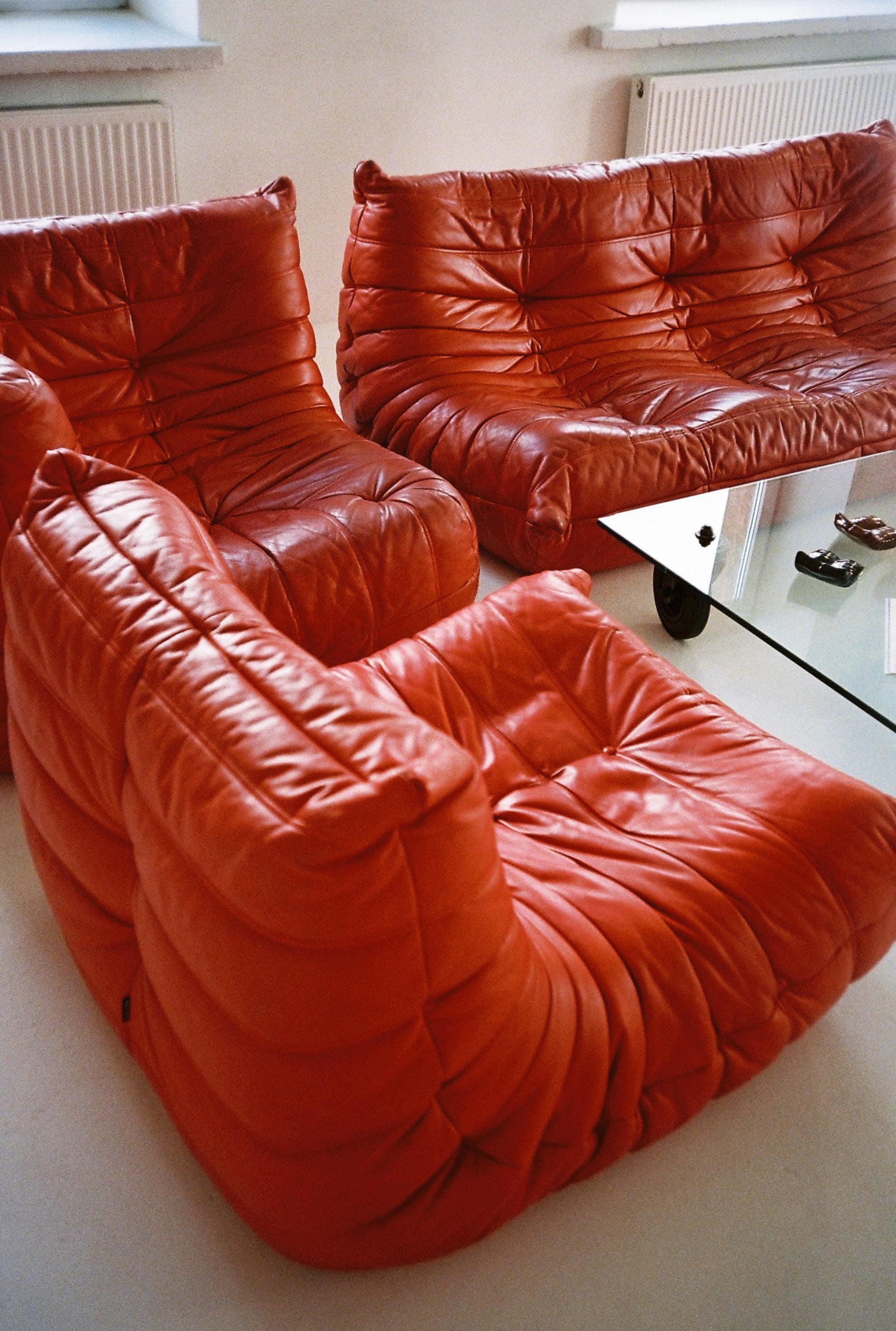 Original Ligne Roset TOGO — Rare Vintage Red Leather Set (3-Seater + Corner + 1-Seater Segment)