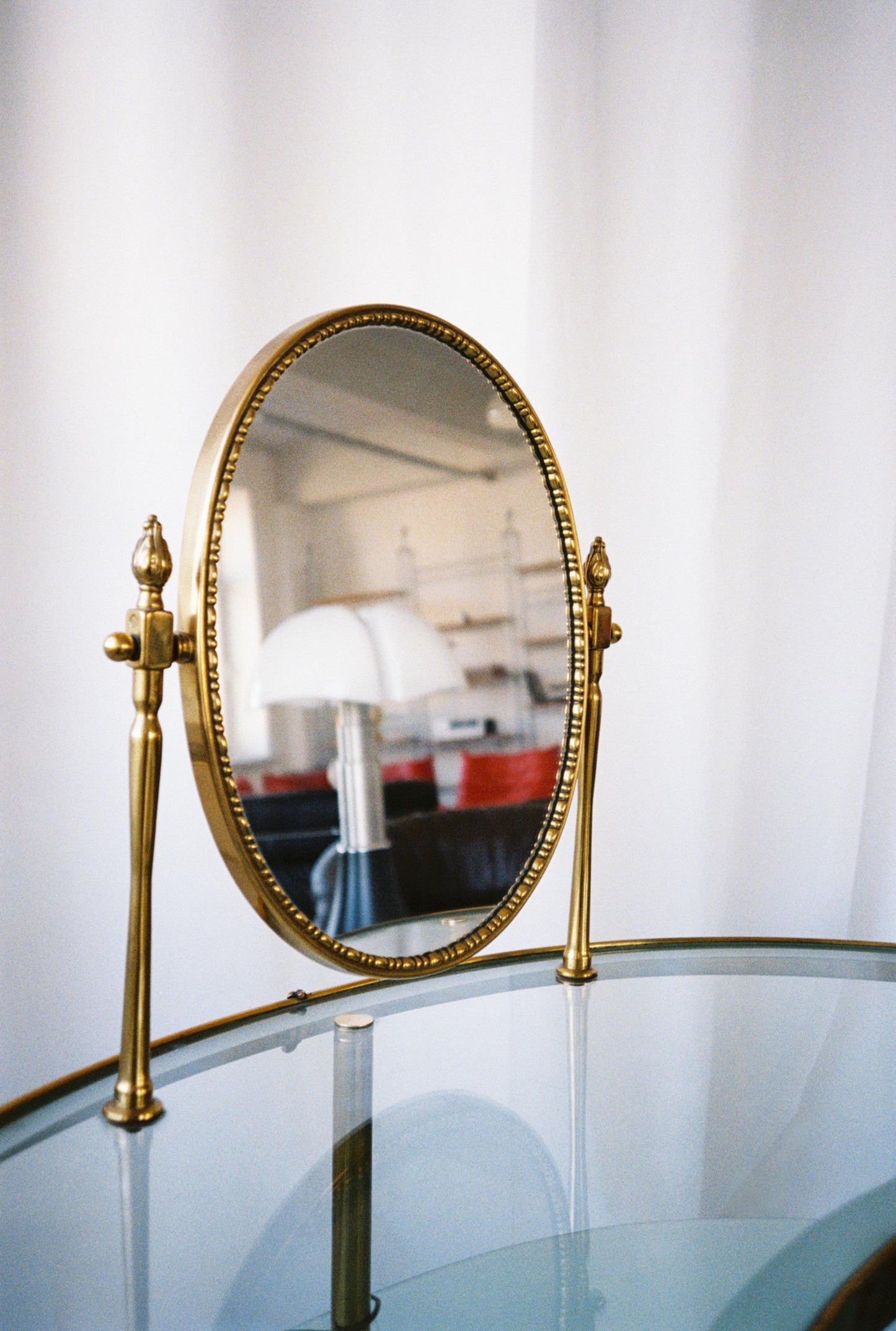 Vintage Brass & Glass Vanity Table with Oval Mirror, Italy, 1960s