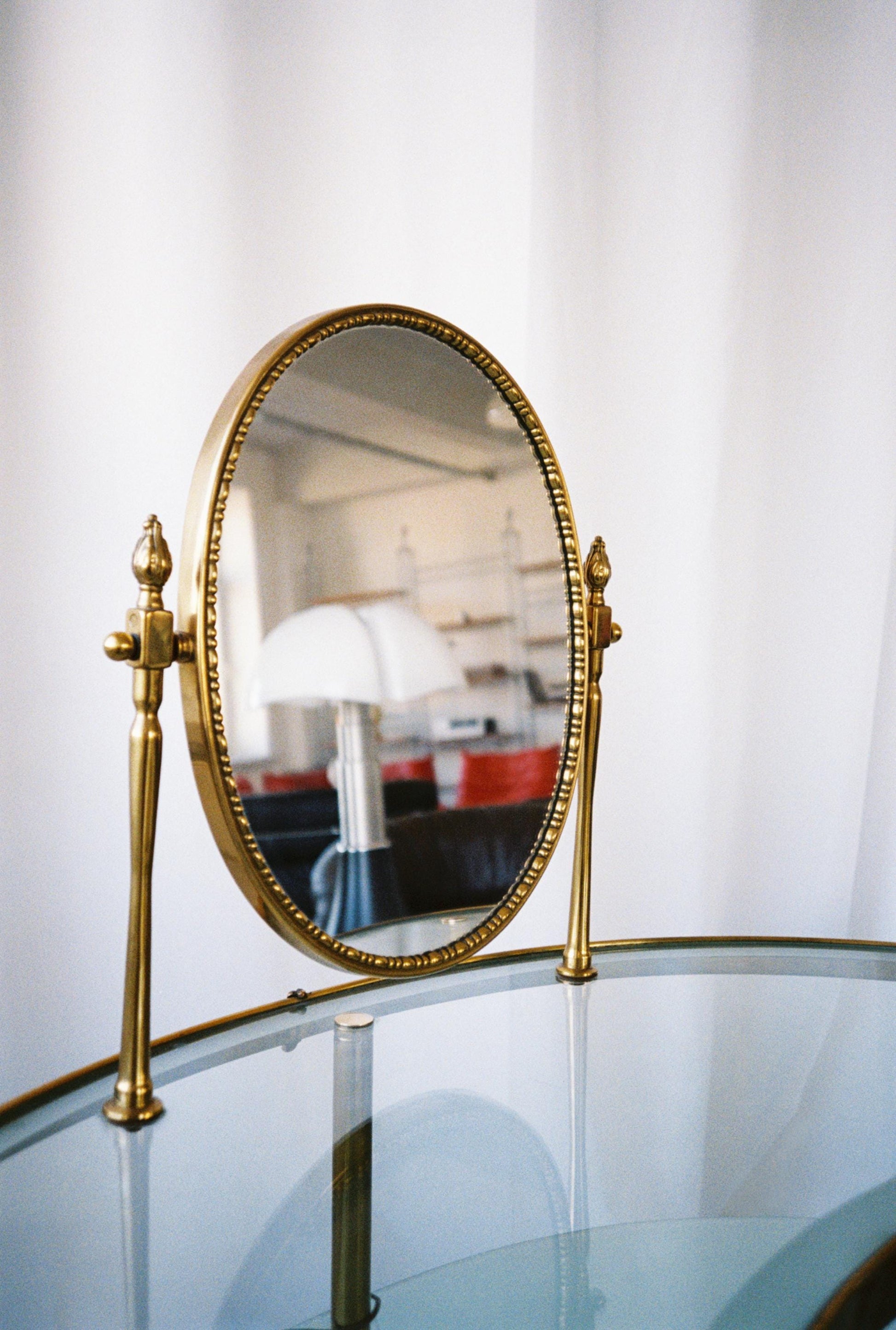 Vintage Brass & Glass Vanity Table with Oval Mirror, Italy, 1960s