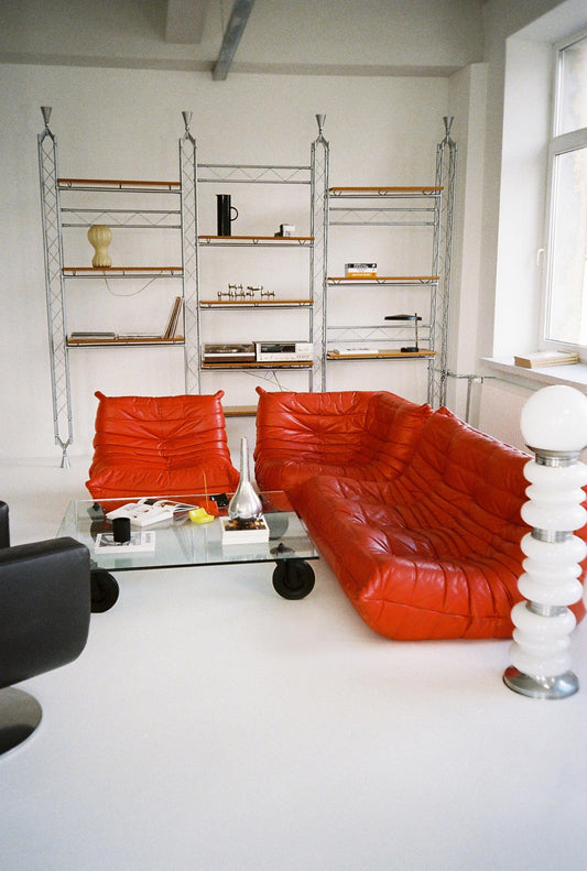 Original Ligne Roset TOGO — Rare Vintage Red Leather Set (3-Seater + Corner + 1-Seater Segment)