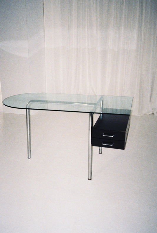 Vintage Glass Desk with Drawer, Modernist Office Desk, Italian Style Chrome Desk, Mid Century Modern Writing Desk, 1970s