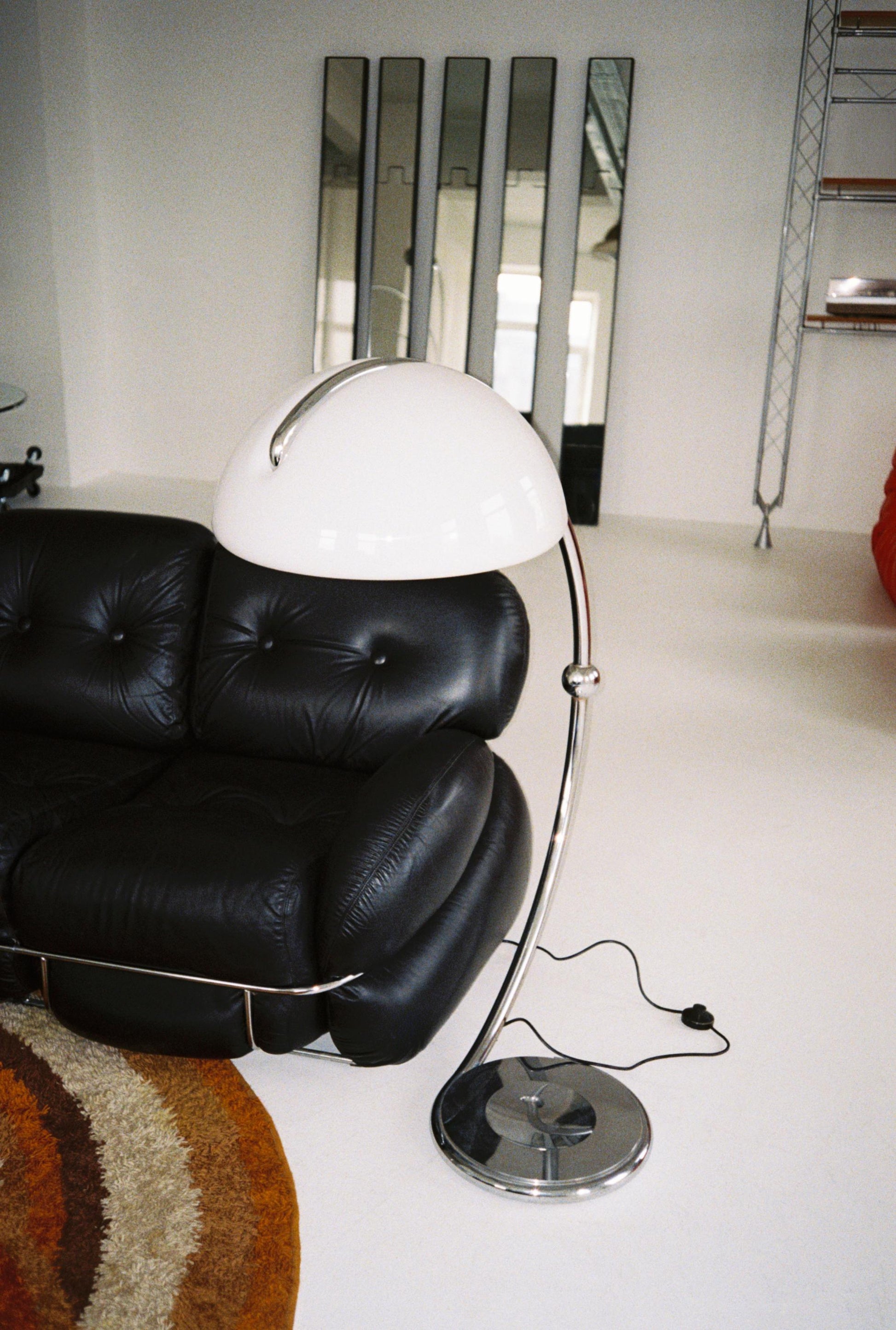 Vintage Serpente Floor Lamp by Elio Martinelli for Martinelli Luce, 1960s Italian Design, Chrome Arc Lamp, White Dome Shade