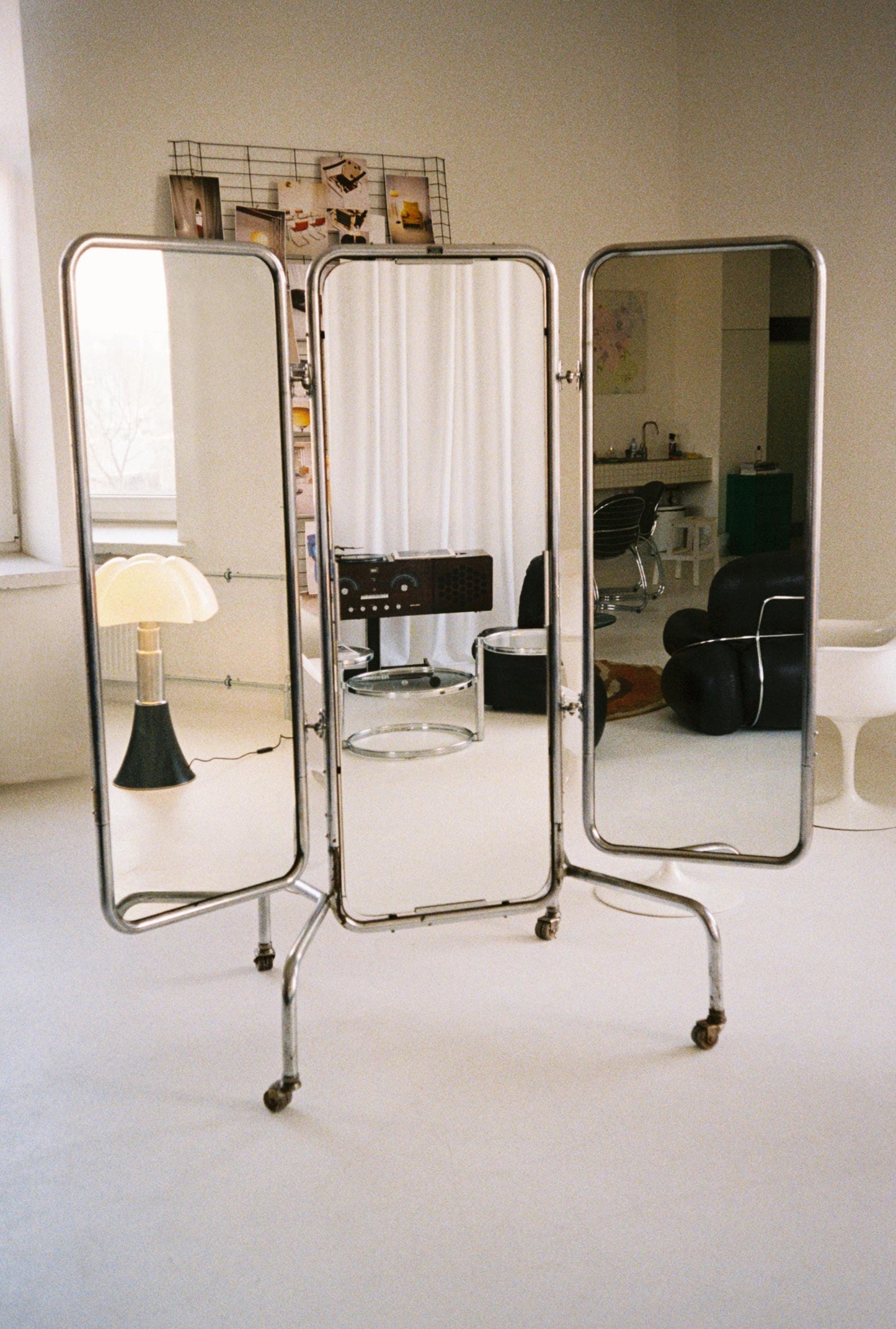 Vintage Floor Mirror on Casters, Germany 1960s, Folding 3 Panel Chrome Mirror, Mid Century Modern Dressing Screen