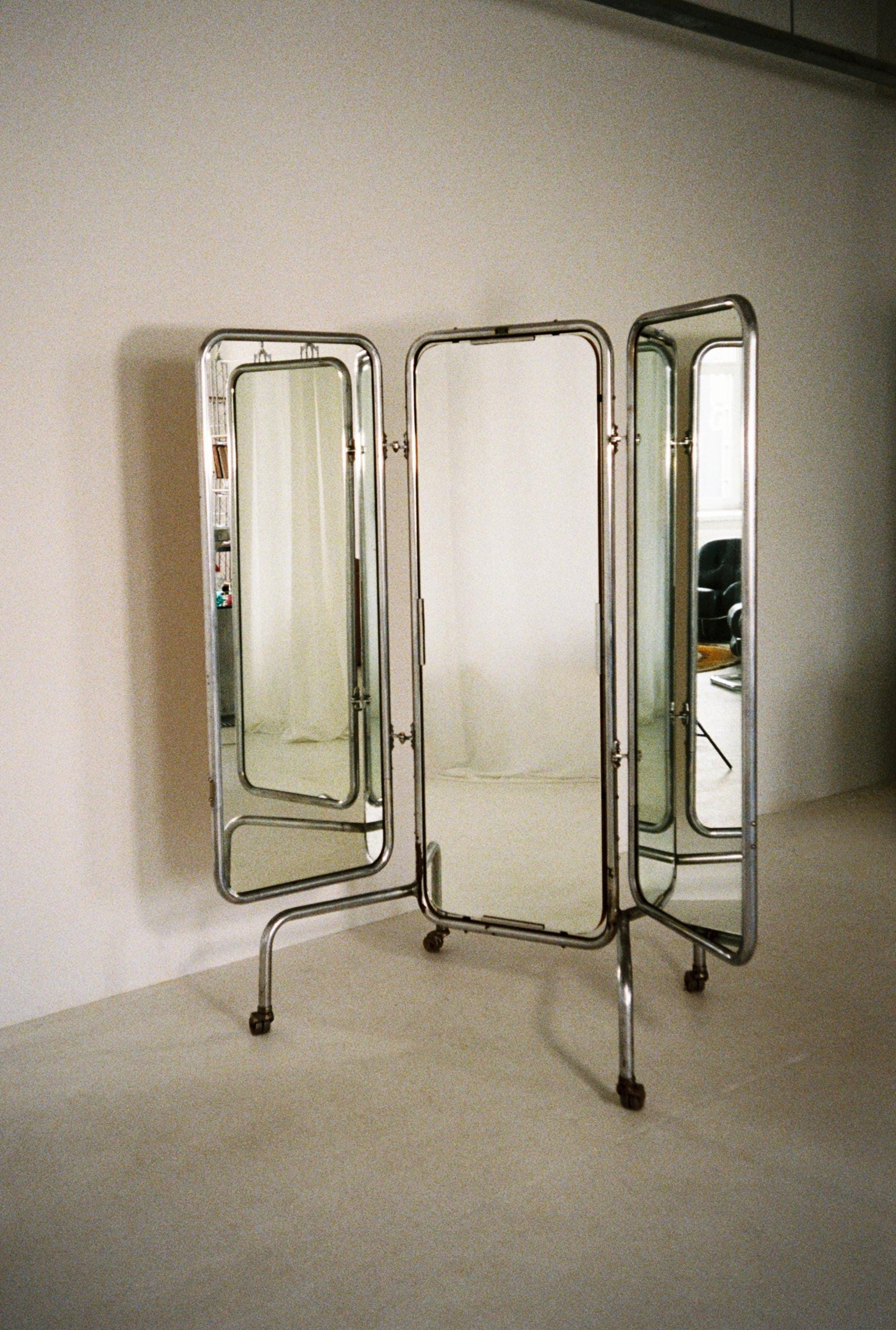 Vintage Floor Mirror on Casters, Germany 1960s, Folding 3 Panel Chrome Mirror, Mid Century Modern Dressing Screen