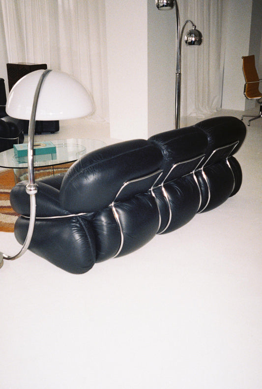 Three-Seat Sofa by Adriano Piazzesi, 1970, Black Leather & Chrome, Sculptural Italian Design