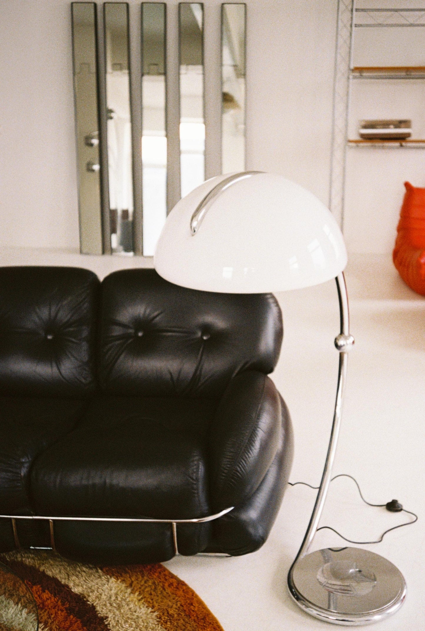 Vintage Serpente Floor Lamp by Elio Martinelli for Martinelli Luce, 1960s Italian Design, Chrome Arc Lamp, White Dome Shade