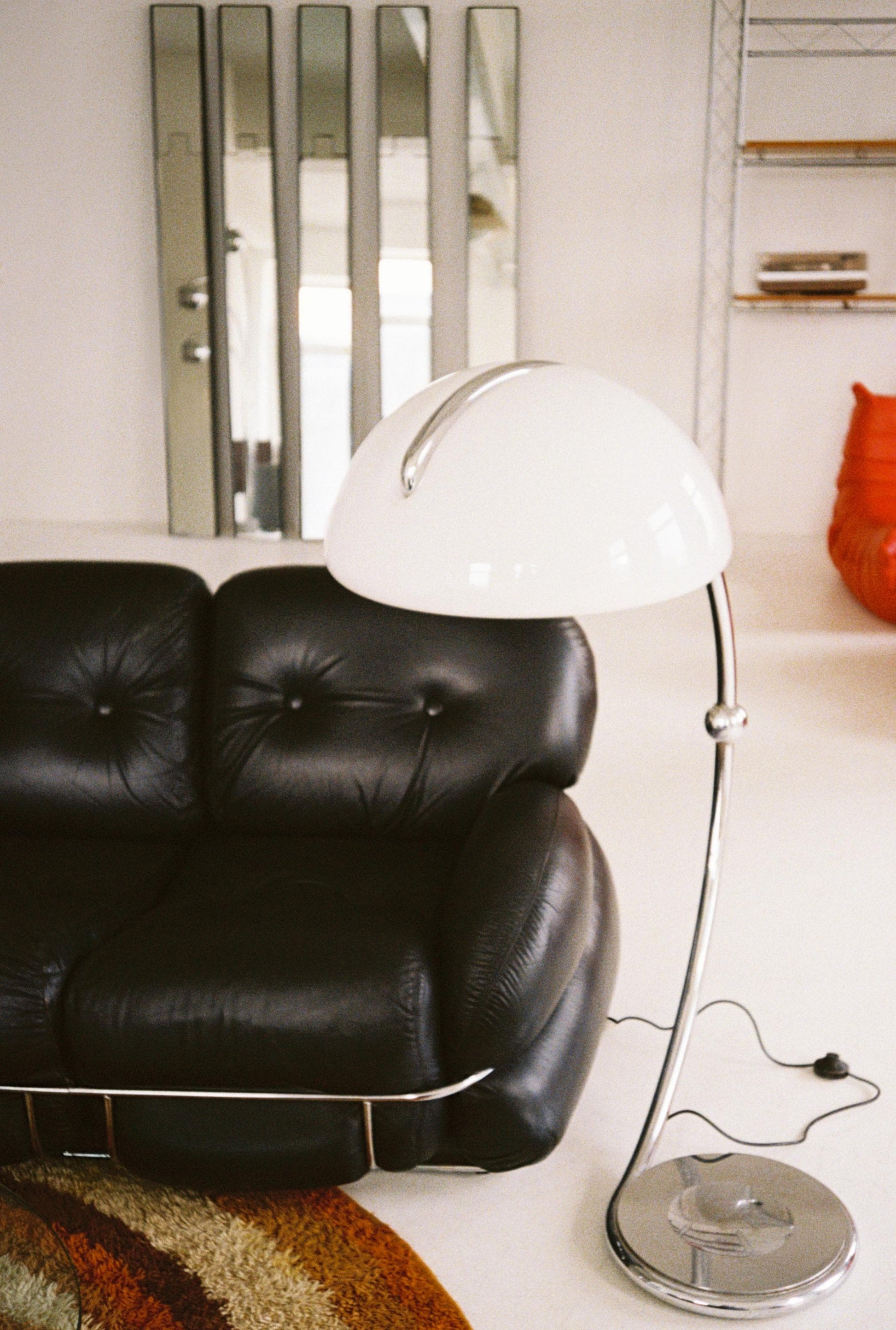 Vintage Serpente Floor Lamp by Elio Martinelli for Martinelli Luce, 1960s Italian Design, Chrome Arc Lamp, White Dome Shade