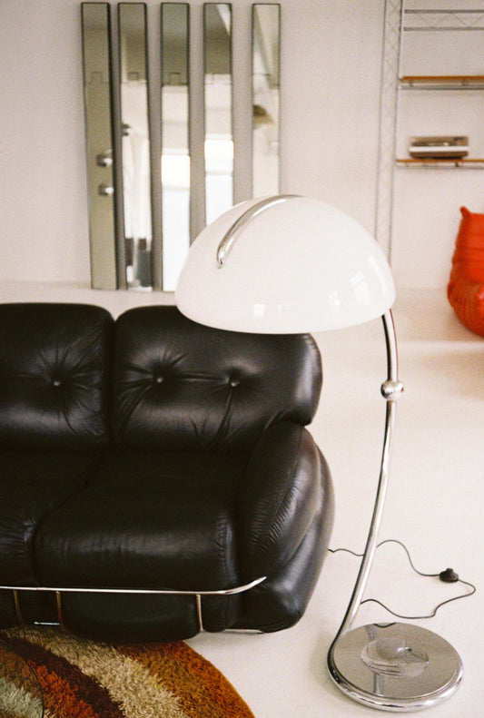 Vintage Serpente Floor Lamp by Elio Martinelli for Martinelli Luce, 1960s Italian Design, Chrome Arc Lamp, White Dome Shade